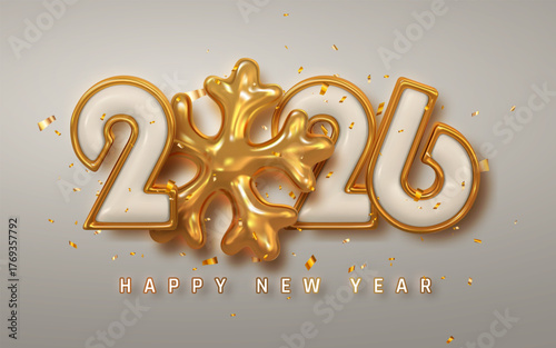 Golden 2026 Happy New Year Design With Shiny Snowflake And Confetti On Elegant Background. Luxurious Festive Holiday Greeting Template. Perfect For Celebration And Party Themes. Vector Illustration