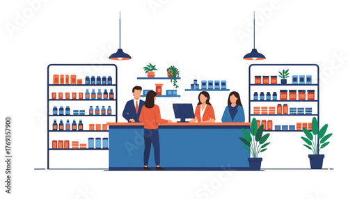 Modern pharmacy setting with customer purchasing medication from friendly staff in a bright, welcoming environment offering healthcare solutions