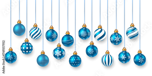 Blue Christmas Balls Hanging On Strings With Snowflakes, Stripes, And Stars Patterns On White Background. Elegant Holiday Decoration For Winter And New Year Design. Vector Illustration