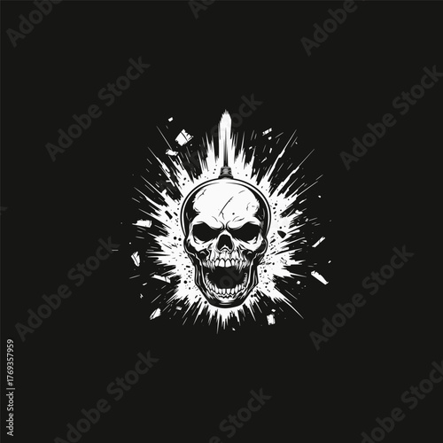 Aggressive human skull illustration with an open, snarling jaw, surrounded by a dramatic, radial explosion or grunge burst effect.