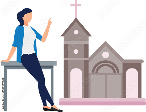Girl sitting on table and telling about Lutheran church