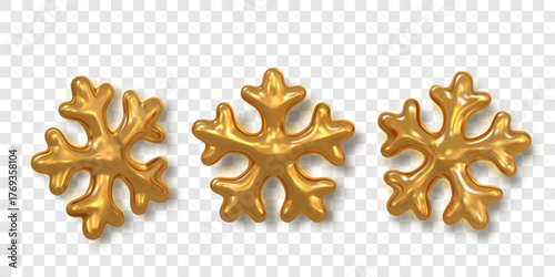 Gold Snowflake Icons With Glossy Metallic Shine On Transparent Background, Perfect For Luxury Christmas, Holiday, Winter, And New Year Decoration Design. Vector Illustration