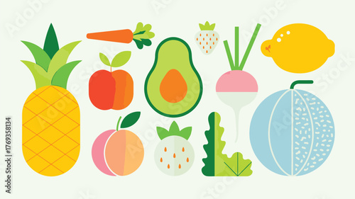 Assortment of fresh fruits and vegetables in a flat design style healthy food