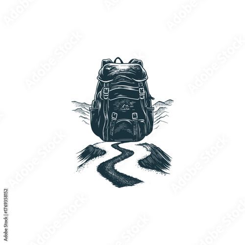 Vintage engraving style illustration of a large hiking or trekking backpack placed at the end of a winding path, with rugged mountains in the background