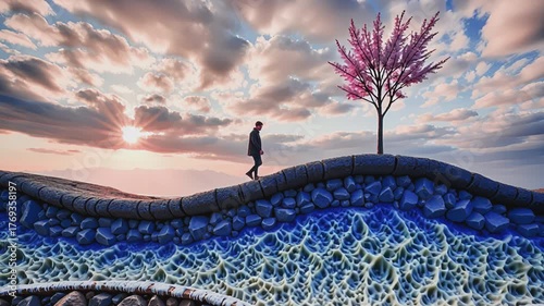 Conceptual 3D rendering of a layered earth section with surreal textures, featuring a single person standing next to a cherry blossom tree on the surface against a dramatic sunset, symbolizing hidden 