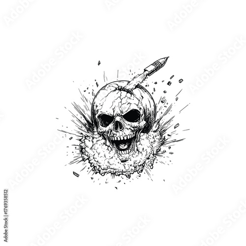 Aggressive human skull illustration with an open, snarling jaw, surrounded by a dramatic, radial explosion or grunge burst effect.