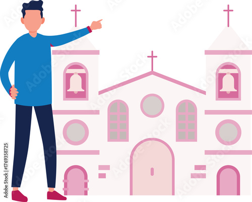 Man is showing christian church.