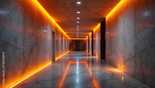 Warm orange LED accent lights highlight sleek concrete hallway, recessed lights and circular wall features , shape, orange, circular