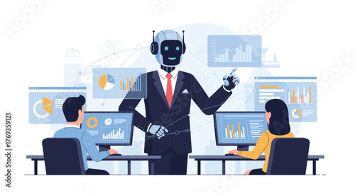 Robot CEO leading data analytics team with AI insights for business growth and innovative strategy in a bright, modern office environment
