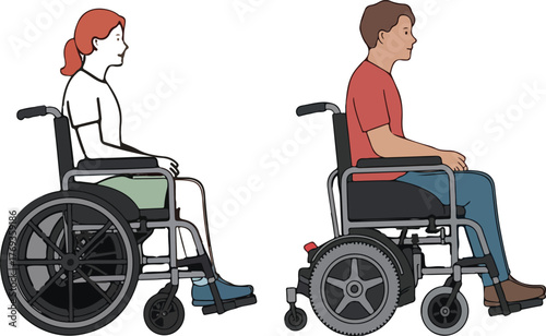  Two people sitting in wheelchairs side view wheelchair, person, sitting, side, view, illustration, transport, disability, assistance, mobility, equipment, medical, health, care, support, device, 