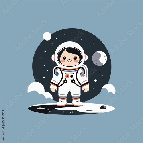 A charming illustration of a joyful astronaut bouncing on the moon, wearing oversized moon boots, as fluffy moon clouds drift by and friendly aliens wave from a nearby spaceship.