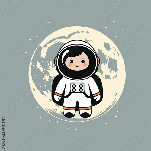 A vibrant illustration of a cute astronaut with a joyful expression, floating above the moon's surface, surrounded by colorful space rocks and twinkling stars, as they enjoy the weightlessness of spac