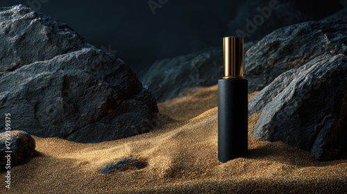 A luxury perfume bottle placed in an artistic composition with a rugged rock background 