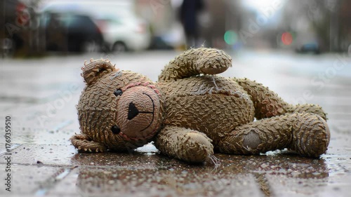 Lost teddy bear abandoned in wet street on a rainy day outdoors