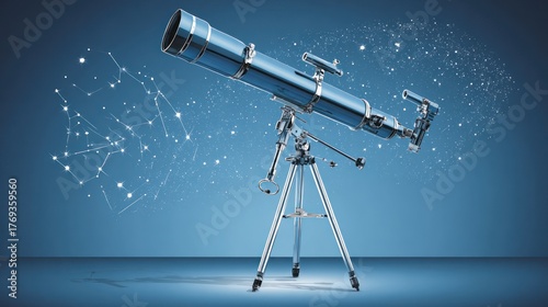 A silver telescope stands ready against a blue backdrop of stars and constellations