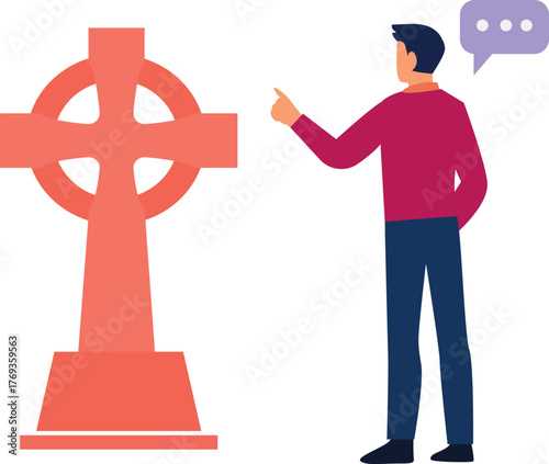 The boy is telling about christian crucifix