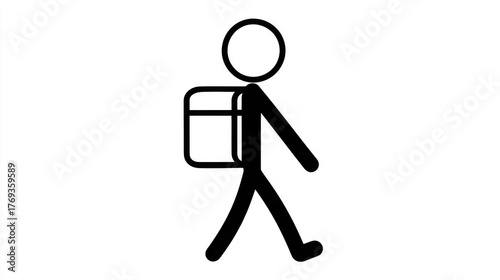 Simple stick figure walking with a backpack, symbolizing travel or education