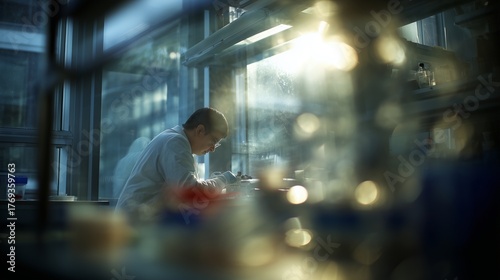 A scientist in a lab examines samples beside bright windows in the lab. The scientist is engrossed in work with laboratory instruments in the calming light.