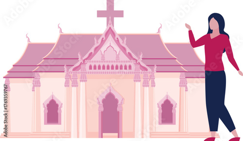 The girl is standing outside church.