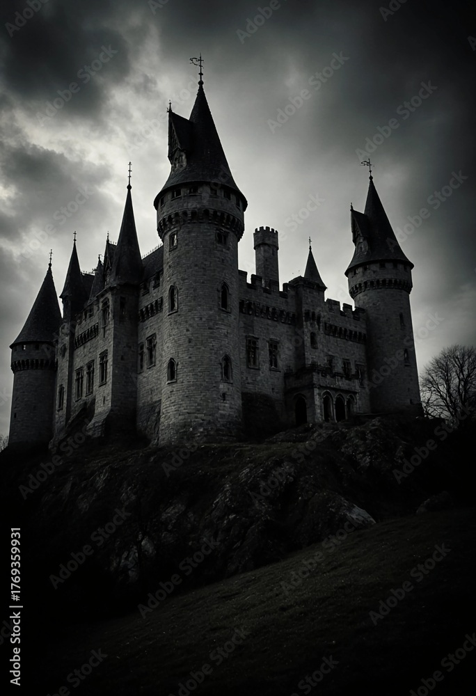 Obraz premium Under a brooding sky, a vampire castle stands ominously on Halloween night. Its tall spires and stone walls create an eerie atmosphere for any spooky celebration Generative AI