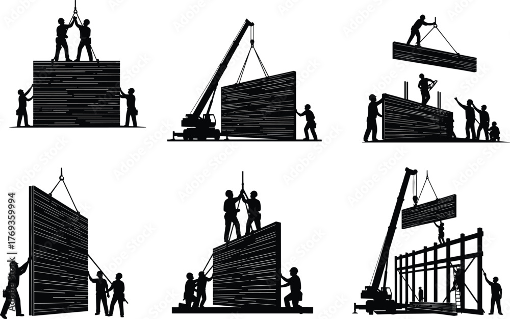 Fototapeta premium Silhouette construction workers assembling wall panels with cranes, teamwork on building site, industrial structure installation, engineering development, heavy construction process illustration