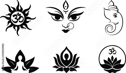 Collection of spiritual and religious symbols representing Hinduism and Buddhism traditions