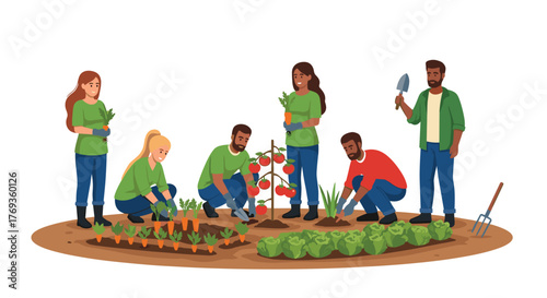 Diverse group of friends enjoy community gardening together, growing tomatoes, carrots, and lettuce on a bright, sunny day