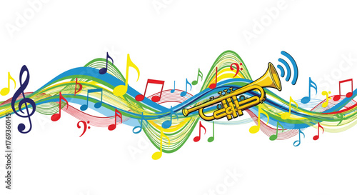 Vibrant musical design featuring a brass trumpet and colorful music notes dancing across the page, ready for your next creative project