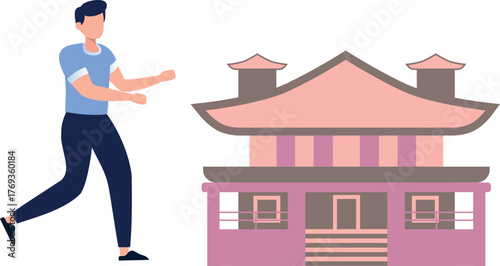 The man is running towards chruch