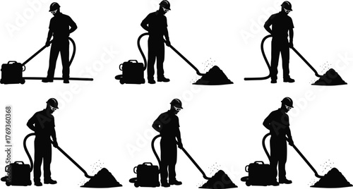 Silhouette vector illustration of construction worker operating industrial vacuum machine cleaning debris with hose, safety gear, teamwork, maintenance, industry, and labor