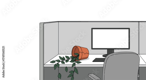 Overworked employee's plant fell in the office cubicle, showing burnout and lack of care in the workplace with blank monitor for message
