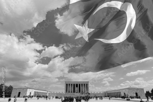 Anitkabir and Turkish flag in black and white photo. 10 kasim or 10th november