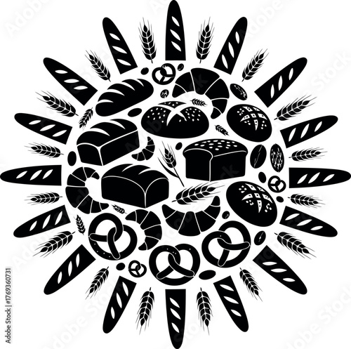 Assortment of freshly baked goods in a stylish sunburst design ideal for bakery marketing