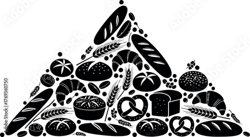 Black and white bakery goods mountain formation with bread wheat and croissants vector art
