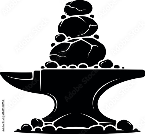 Black and white drawing of anvil with stones stacked on top graphic illustration