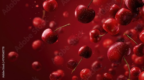 Vibrant image of fresh cherries suspended in mid-air. The scene is bursting with freshness