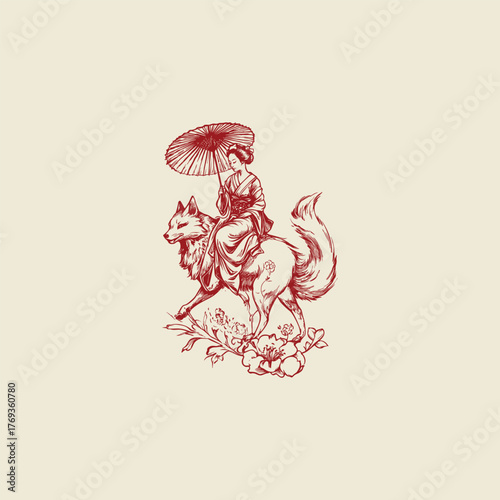 Vintage engraving style illustration of an elegant Japanese woman in a kimono, holding a traditional umbrella, accompanied by a fluffy fox and surrounded by blooming flowers