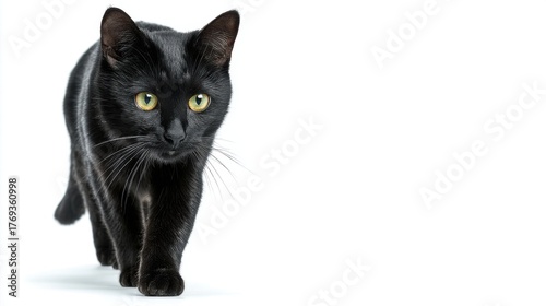 A sleek black cat with mesmerizing yellow eyes confidently walks forward. Its fur glistens, capturing the light.
