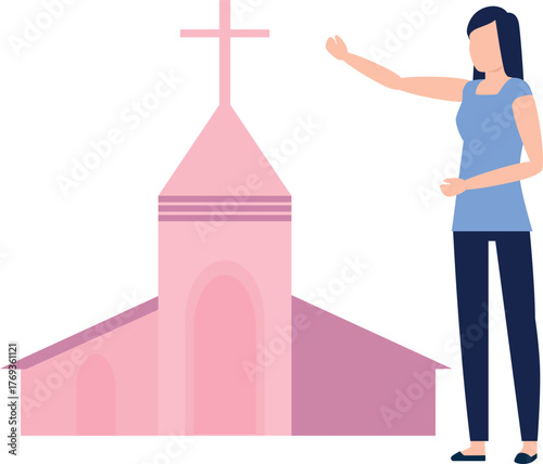 The woman is pointing catholic church