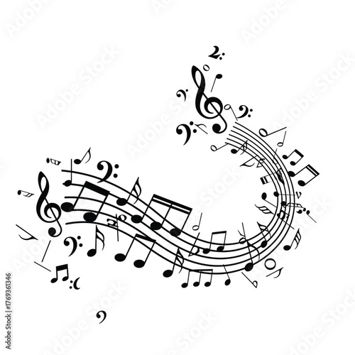 Abstract swirling musical notes and staff lines