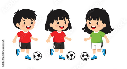 Enthusiastic kids playing soccer together with smiles, perfect for children's sports or teamwork concepts in vibrant and playful style
