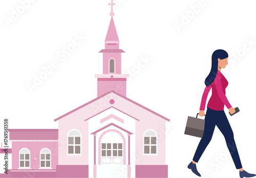 The young lady holding bag walking near church