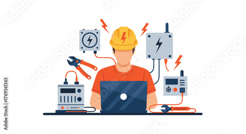 Electrical engineer using laptop for diagnostics and repair, safety helmet and tools for maintenance, professional service, modern design
