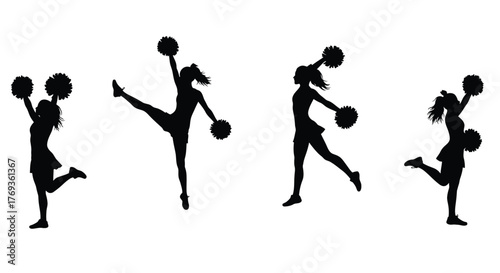 Silhouettes of cheerleaders performing dynamic poses and stunts with pompoms