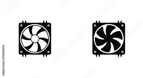 Two black computer cooling fans depicted in a simple graphic style