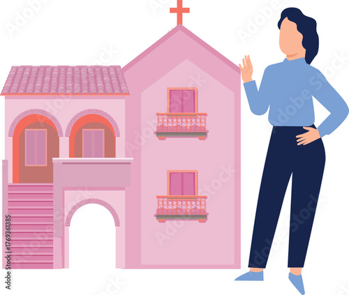 The woman is pointing monastery