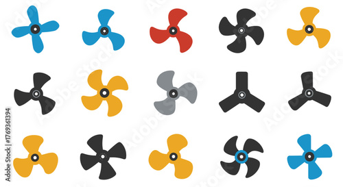 Colorful collection of various propeller fan blade designs on a white background