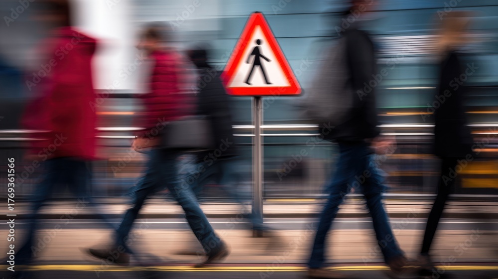 Obraz premium Blurred pedestrians passing a pedestrian crossing sign, symbolizing urban movement and safety