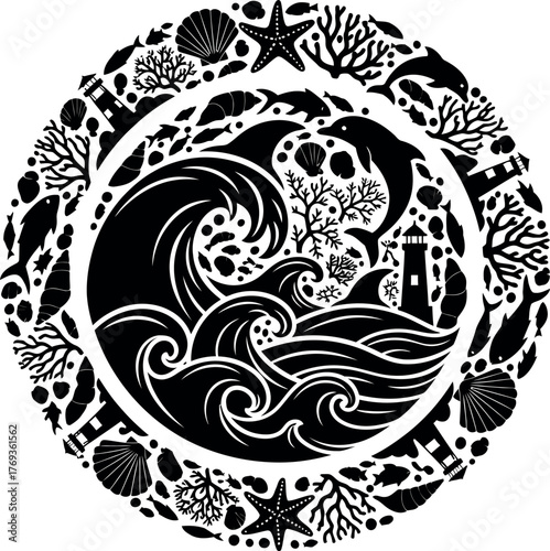 Ocean life circle graphic illustration depicting marine animals and coastal elements in black and white