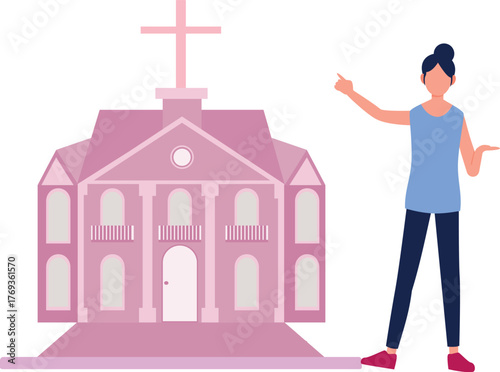 Woman is explaining cathedral building